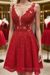 Short V Neck Lace Semi Formal Prom Dresses, Short Red V Neck Lace Homecoming Graduation Dresses